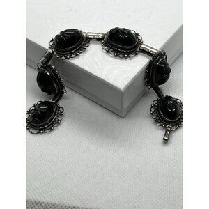 Vtg Taxco Mexico 925 Carved Masks ( Aztec) Bracelet Onyx or Obsidian 7"